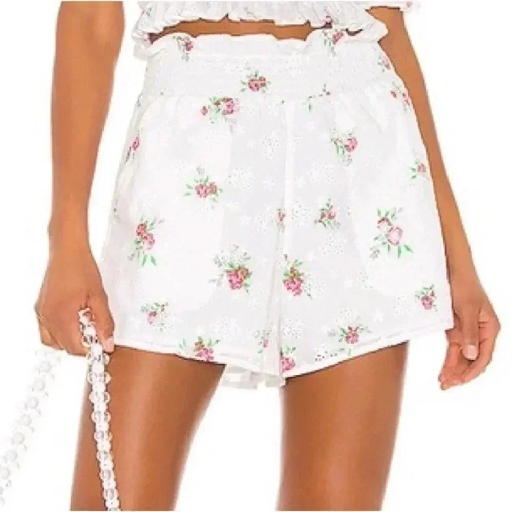 For Love and Lemons Tarte Eyelet White Floral Shorts Ruched High Waist Small